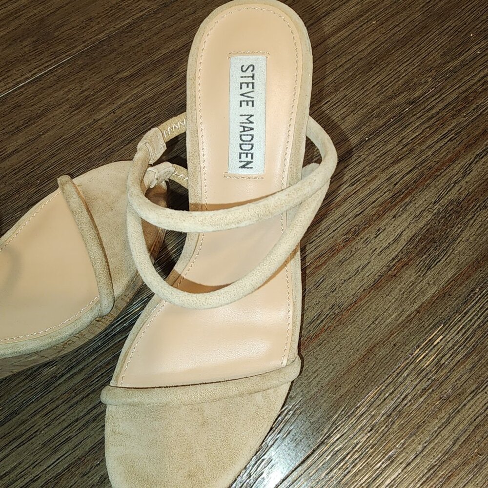 STEVE MADDEN Women's Udell Strappy Platform Wedge Sandals NWT TAN SUEDE CORK 6M - Picture 5 of 10